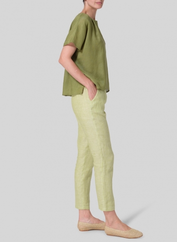 Middle Olive Green Linen Pleated Back Blouse Set
