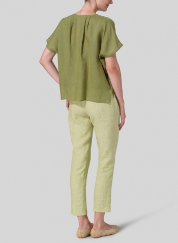 Middle Olive Green Linen Pleated Back Blouse Set