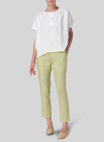 Ivory White Linen V-neck Pleated Blouse with Single-Button