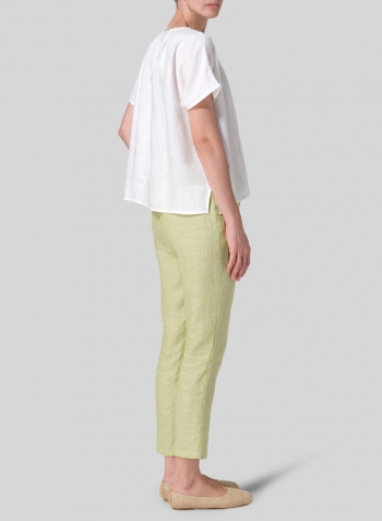 Ivory White Linen V-neck Pleated Blouse with Single-Button