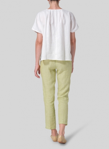 Ivory White Linen V-neck Pleated Blouse with Single-Button