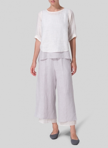 Soft White Warm Gray Linen Layered Top Set With Double-Layer Pants