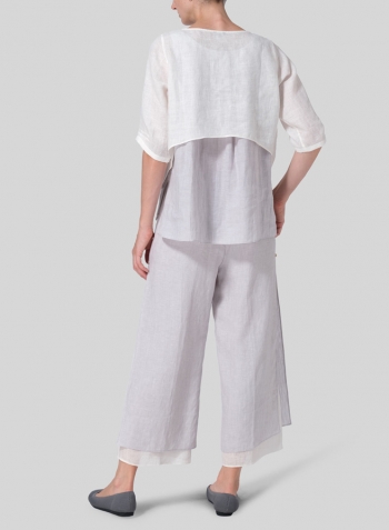 Soft White Warm Gray Linen Layered Top Set With Double-Layer Pants