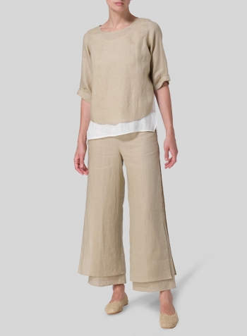 Light Khaki Soft White Linen Layered Top Set