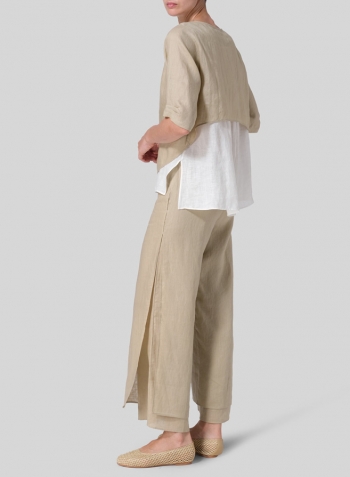 Light Khaki Soft White Linen Layered Top Set