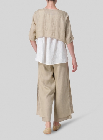 Light Khaki Soft White Linen Layered Top Set