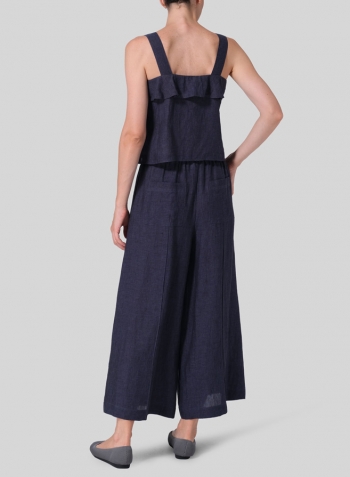 Dark Denim Linen Ruffle Square Neck Cami Top