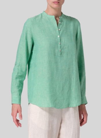 Two Tone Yellow Green Linen Mandarin Collar Shirt