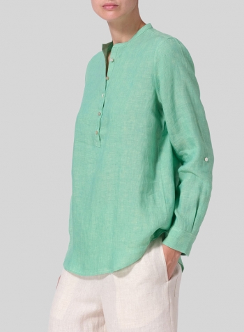 Two Tone Yellow Green Linen Mandarin Collar Shirt