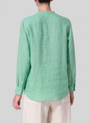 Two Tone Yellow Green Linen Mandarin Collar Shirt