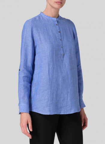 Sky Blue Linen Mandarin Collar Shirt