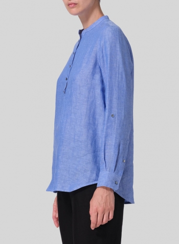 Sky Blue Linen Mandarin Collar Shirt