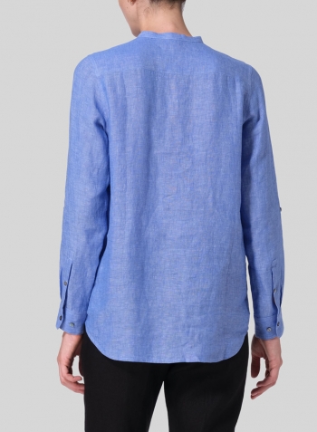 Sky Blue Linen Mandarin Collar Shirt