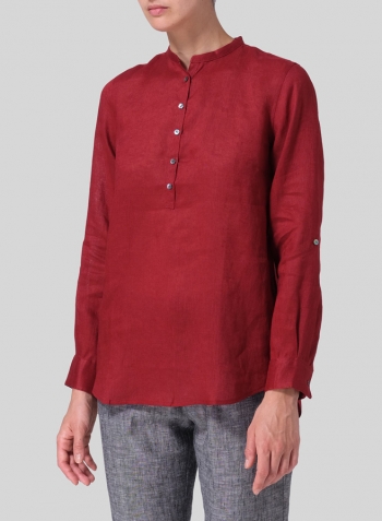 Dull Red Linen Mandarin Collar Shirt