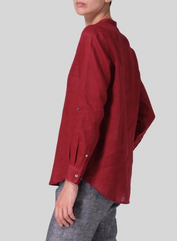 Dull Red Linen Mandarin Collar Shirt