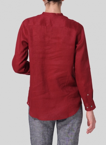 Dull Red Linen Mandarin Collar Shirt