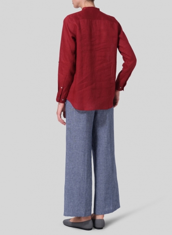 Dull Red Linen Mandarin Collar Shirt Set