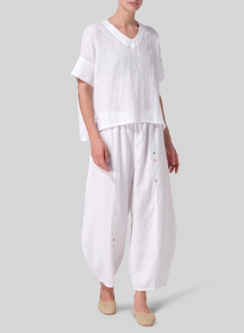 White Linen Sloped Shoulder Wide Boxy V-neck Top