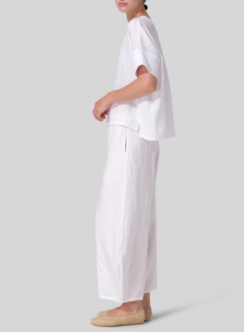 White Linen Sloped Shoulder Wide Boxy V-neck Top