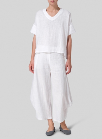 White Linen Sloped Shoulder Wide Boxy V-neck Top