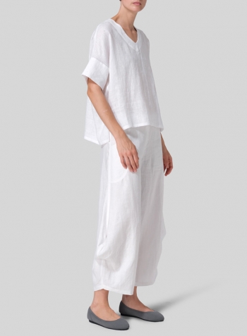 White Linen Sloped Shoulder Wide Boxy V-neck Top