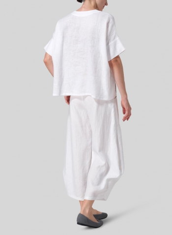 White Linen Sloped Shoulder Wide Boxy V-neck Top