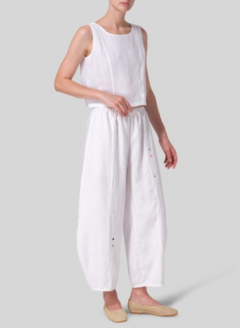 White Linen Embroidered Flared Leg Pants Set