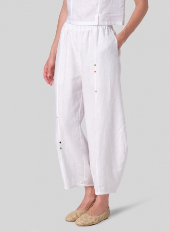 White Linen Embroidered Flared Leg Pants Set