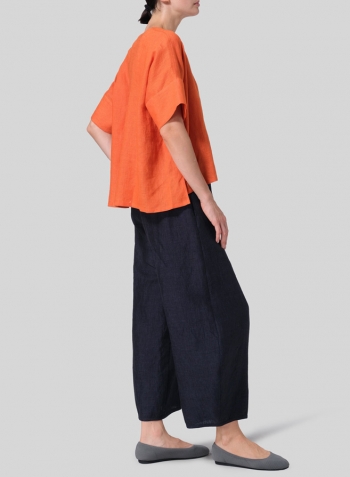 Orange Linen Sloped Shoulder Wide Boxy V-neck Top Set