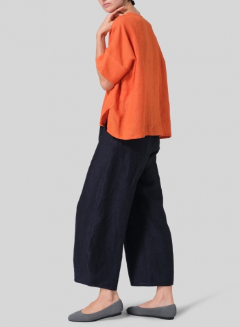 Orange Linen Sloped Shoulder Wide Boxy V-neck Top Set