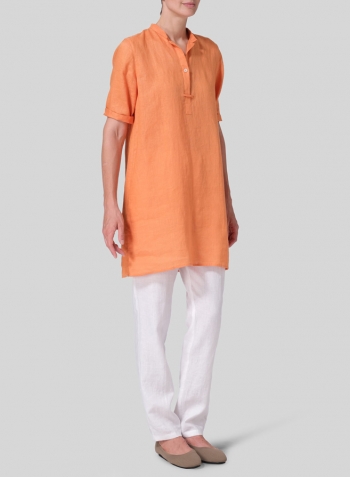 Orange Linen A-line Tunic With Double-layer Collar