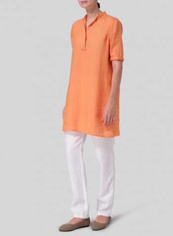 Orange Linen A-line Tunic With Double-layer Collar