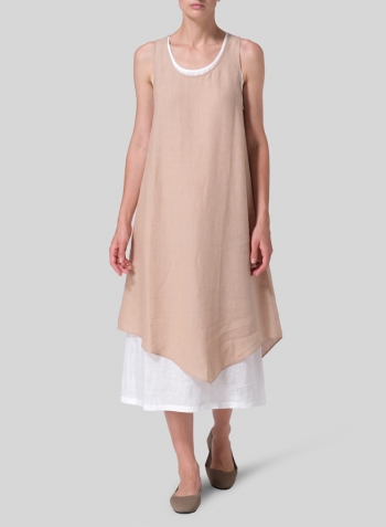 Beige Linen Double Layered Long Dress