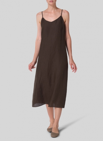 Dark Olive Brown Linen Slim Fit Spaghetti Strap Dress Set