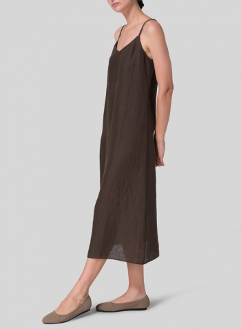 Dark Olive Brown Linen Slim Fit Spaghetti Strap Dress Set