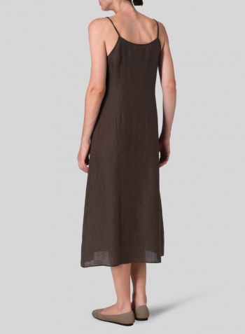 Dark Olive Brown Linen Slim Fit Spaghetti Strap Dress Set