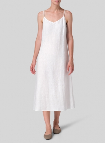 Off White Linen Slim Fit Spaghetti Strap Dress