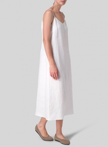 Off White Linen Slim Fit Spaghetti Strap Dress