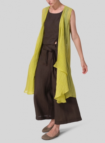 Yellow  Linen Waterfall-Front Long Vest Set