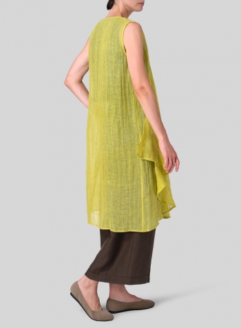 Yellow  Linen Waterfall-Front Long Vest Set