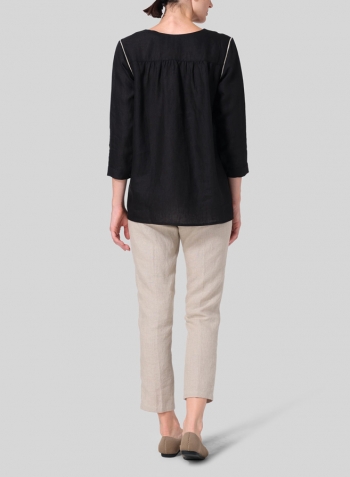 Black Linen Regular Fit Embroidered V-Neck Top