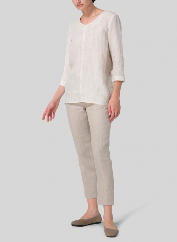 Light Beige Linen Regular Fit Embroidered V-Neck Top