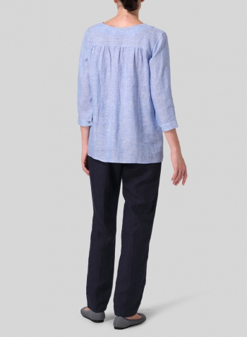 Cornflower Blue Linen Regular Fit Embroidered V-Neck Top