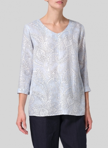 Blue Paisley Waves Linen Regular Fit Embroidered V-Neck Top