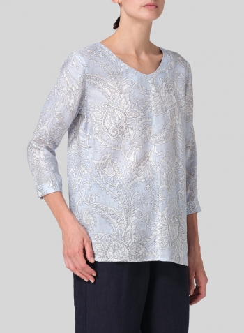 Blue Paisley Waves Linen Regular Fit Embroidered V-Neck Top