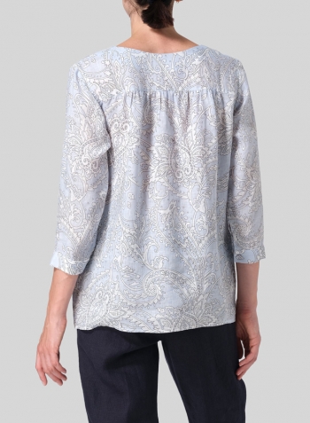 Blue Paisley Waves Linen Regular Fit Embroidered V-Neck Top