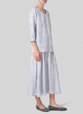 Blue Paisley Waves Linen Regular Fit Embroidered V-Neck Top Set