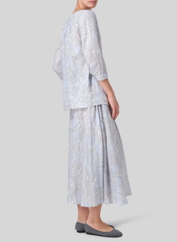 Blue Paisley Waves Linen Regular Fit Embroidered V-Neck Top Set
