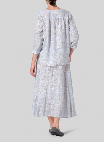 Blue Paisley Waves Linen Regular Fit Embroidered V-Neck Top Set