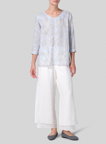 Blue Paisley Waves Linen Regular Fit Embroidered V-Neck Top